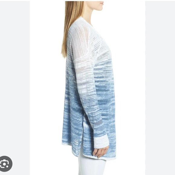 Nic + Zoe Blue White Open Breeze Linen Cotton Ombre Long Sleeve Cardigan Medium - Picture 5 of 14